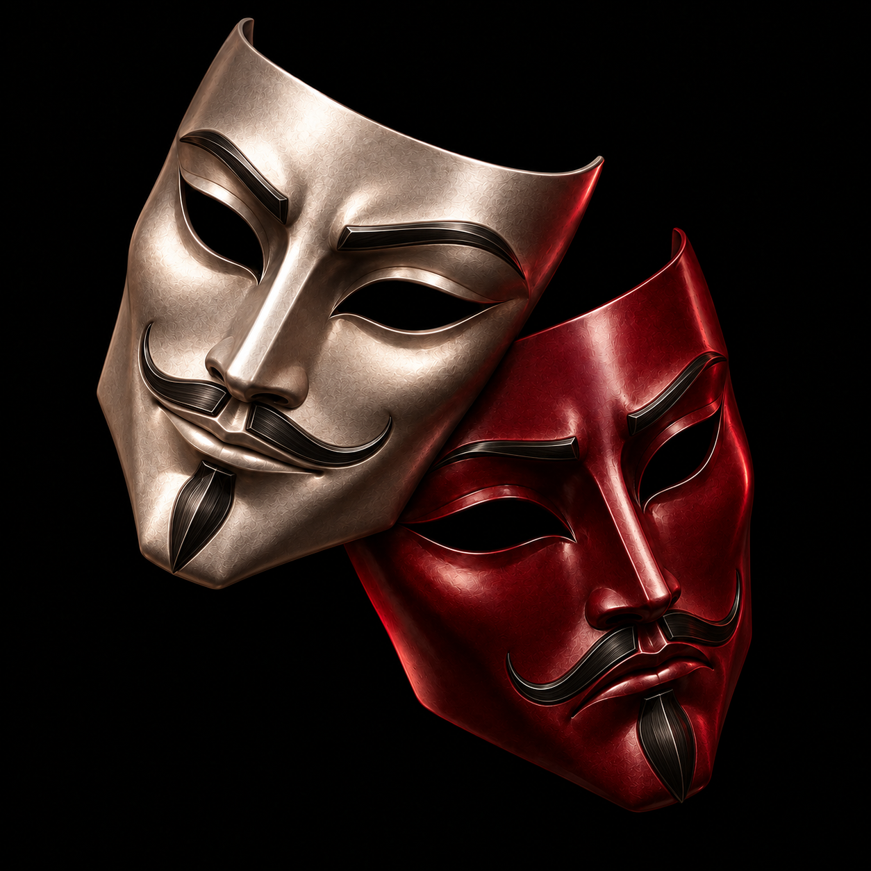 Two masculine Anonymous-style masks with moustaches and goatees: platinum smiling, burgundy sorrowful
